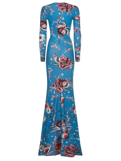 Floral Long Wrap-Effect Jersey Silk Gown - Branna Couture