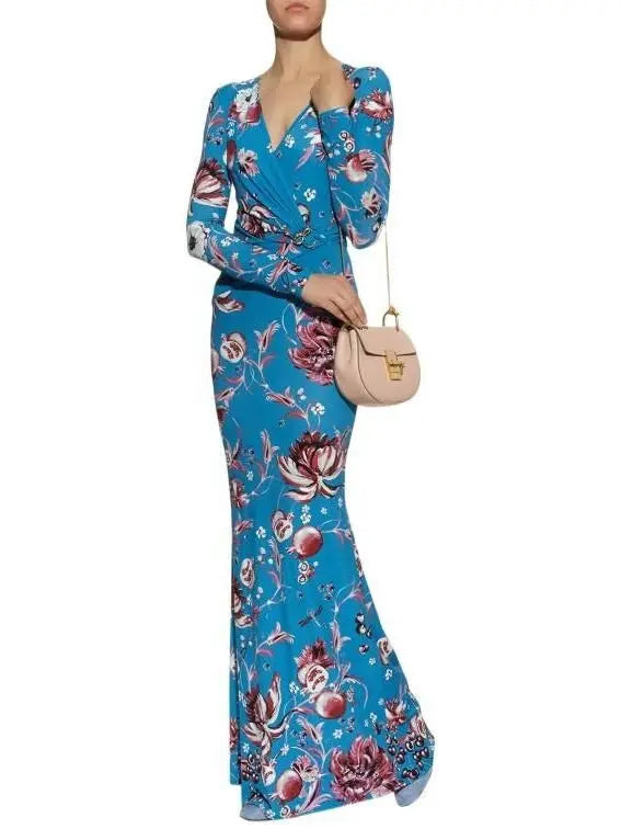 Floral Long Wrap-Effect Jersey Silk Gown - Branna Couture