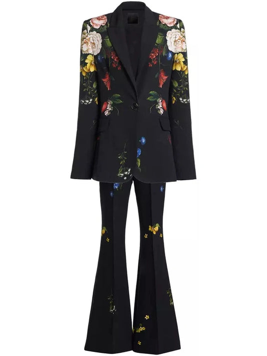 Floral-Print Black Blazer and Pant Suit - Branna Couture