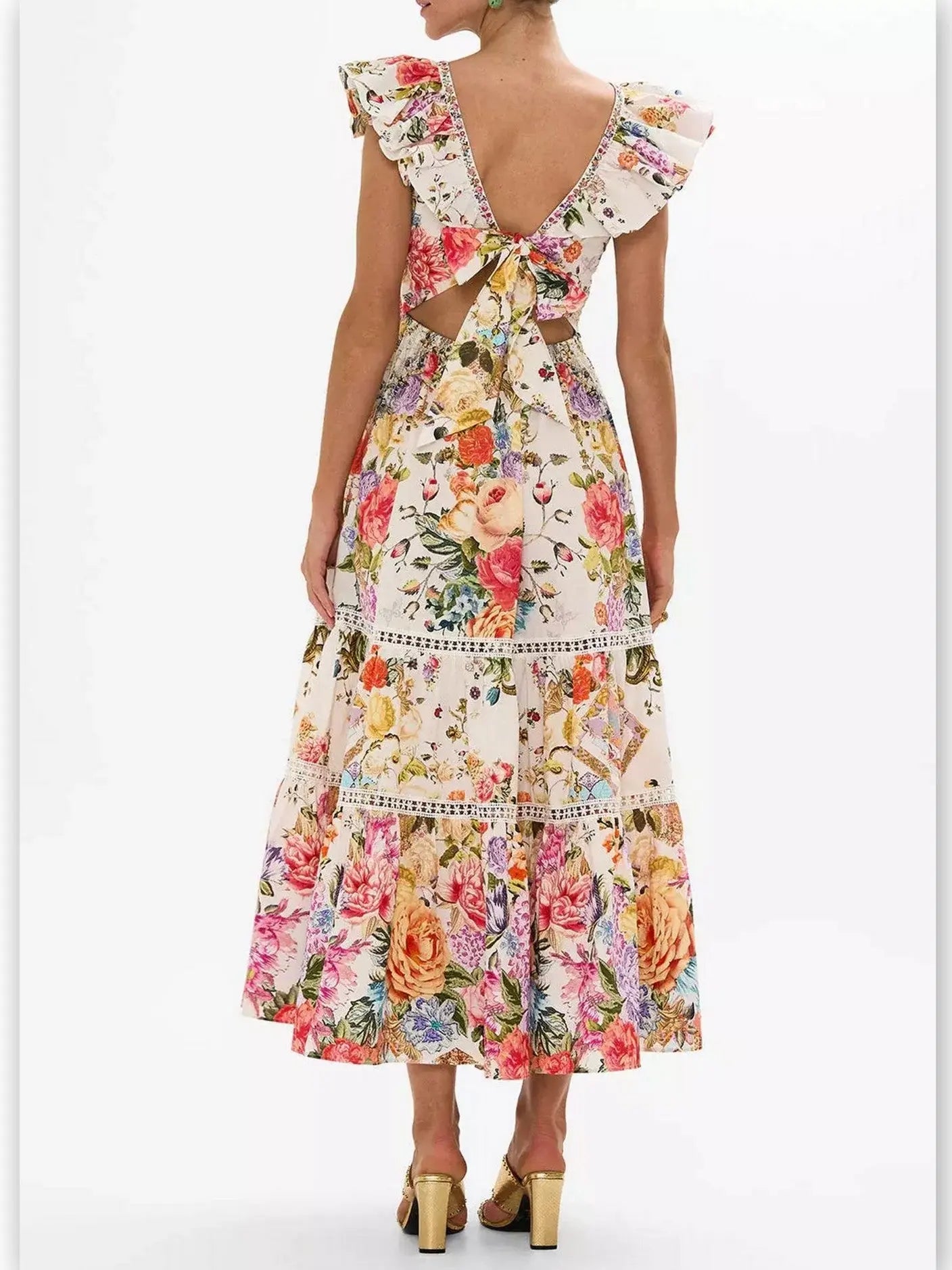 Floral-Print Frill-Sleeve Cotton Tiered Dress - Branna Couture