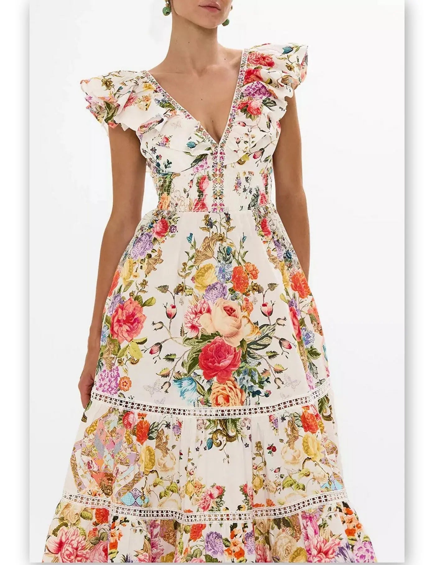 Floral-Print Frill-Sleeve Cotton Tiered Dress - Branna Couture