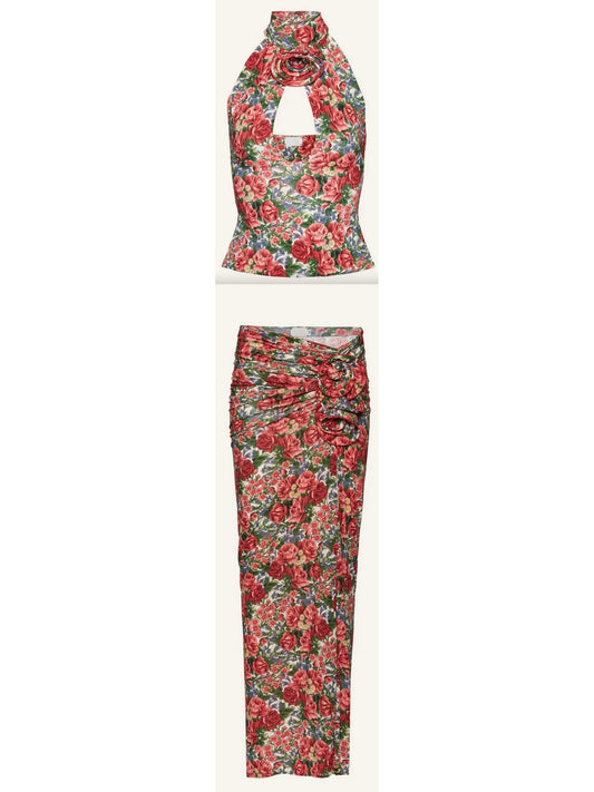 Floral Print Keyhole Halter Top and Draped Skirt Set - Branna Couture