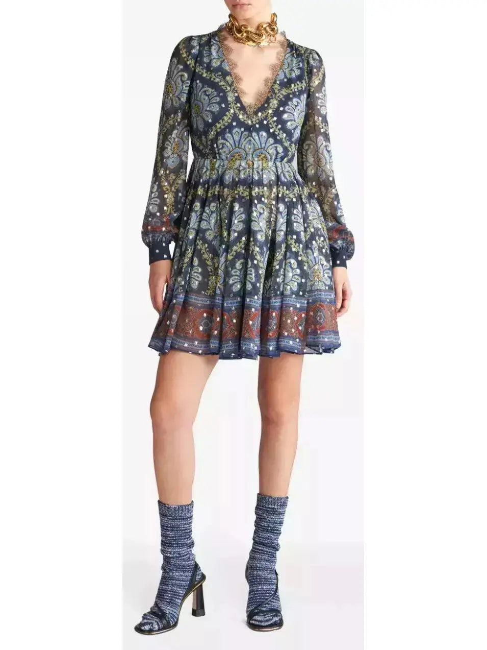 Floral-Print Lace-Trim Mini Dress - Branna Couture