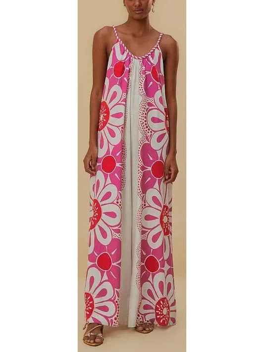 Floral Print Linen and Cotton Long Sleeveless Jumpsuit - Branna Couture