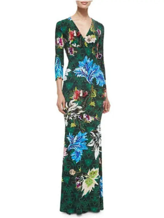 Floral Print Long Jersey Silk V-Neck Dress in Green - Branna Couture