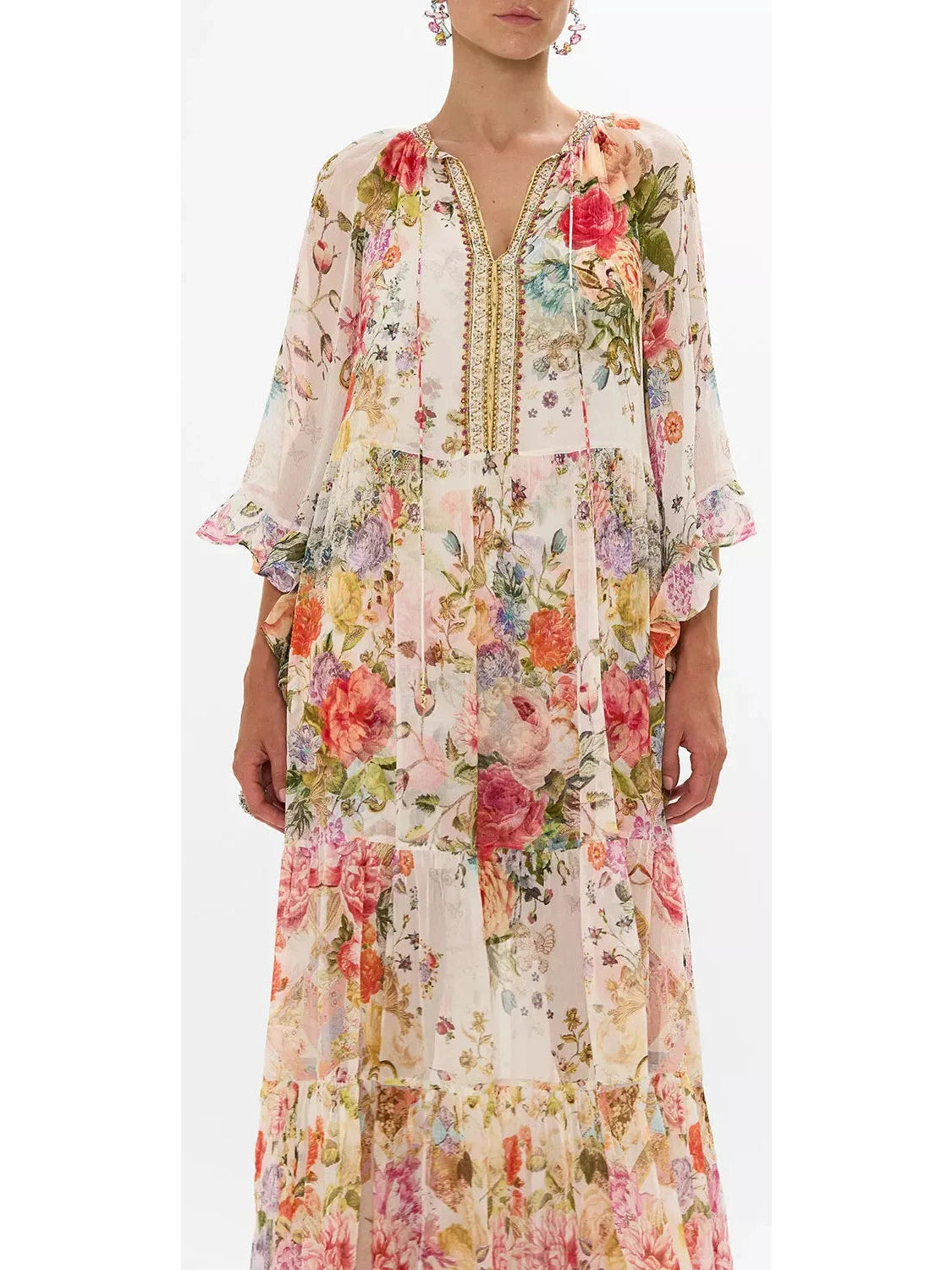 Floral-Print Long Silk Kaftan Dress - Branna Couture