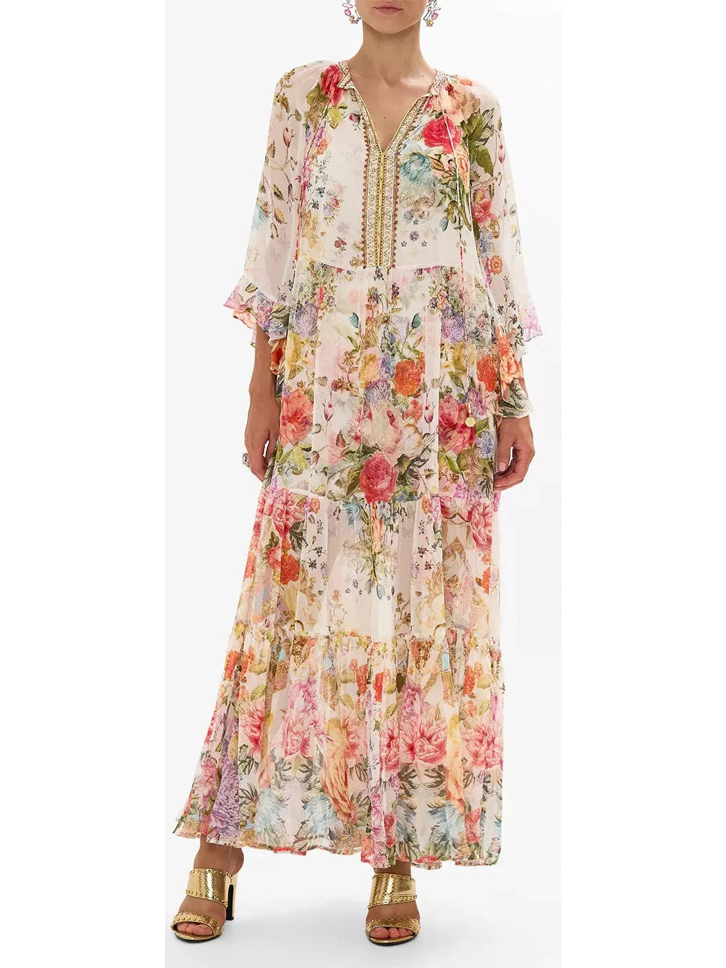 Floral-Print Long Silk Kaftan Dress - Branna Couture