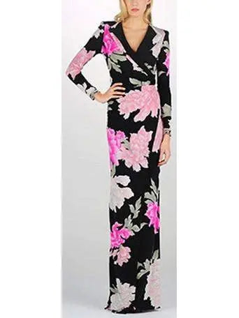 Floral Print Long Sleeve V-Neck Gown in Black - Branna Couture