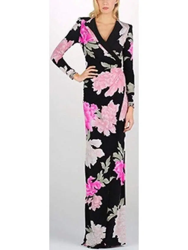 Floral Print Long Sleeve V-Neck Gown in Black - Branna Couture