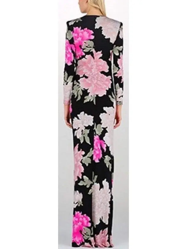 Floral Print Long Sleeve V-Neck Gown in Black - Branna Couture