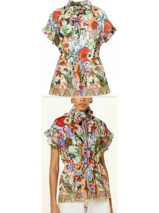 Floral Print Multicolor Drawstring Blouse with Ruffled-Trim - Branna Couture