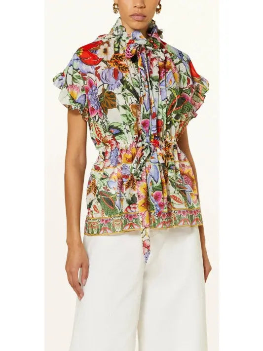 Floral Print Multicolor Drawstring Blouse with Ruffled-Trim - Branna Couture