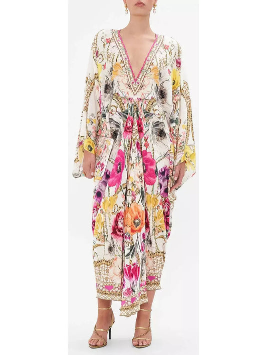 Floral Print Multicolor Long Silk Kaftan - Branna Couture