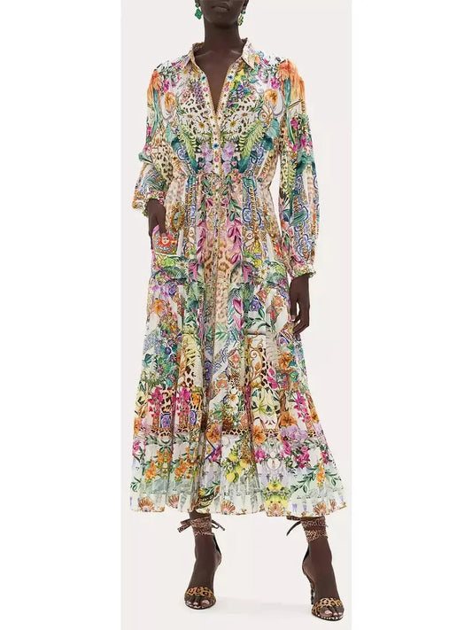 Floral Print Multicolor Silk Shirt Dress - Branna Couture