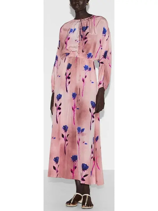 Floral Print Pink Silk Crêpe De Chine Dress - Branna Couture