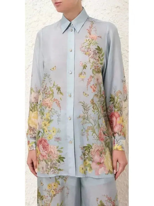 Floral-Print Relaxed Silk Shirt in Blue - Branna Couture