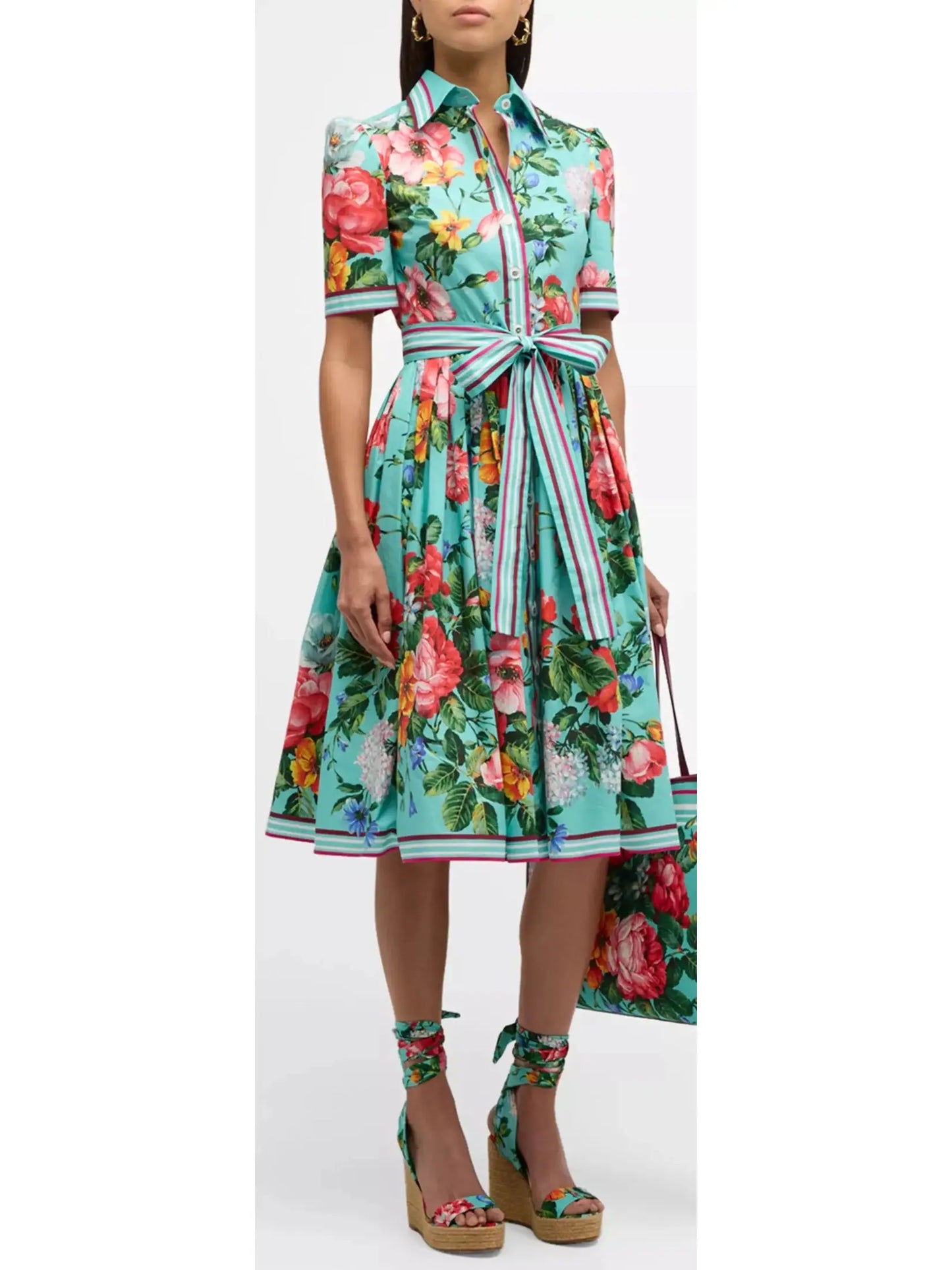 Floral-Print Short-Sleeve Belted Midi Shirt Dress - Branna Couture