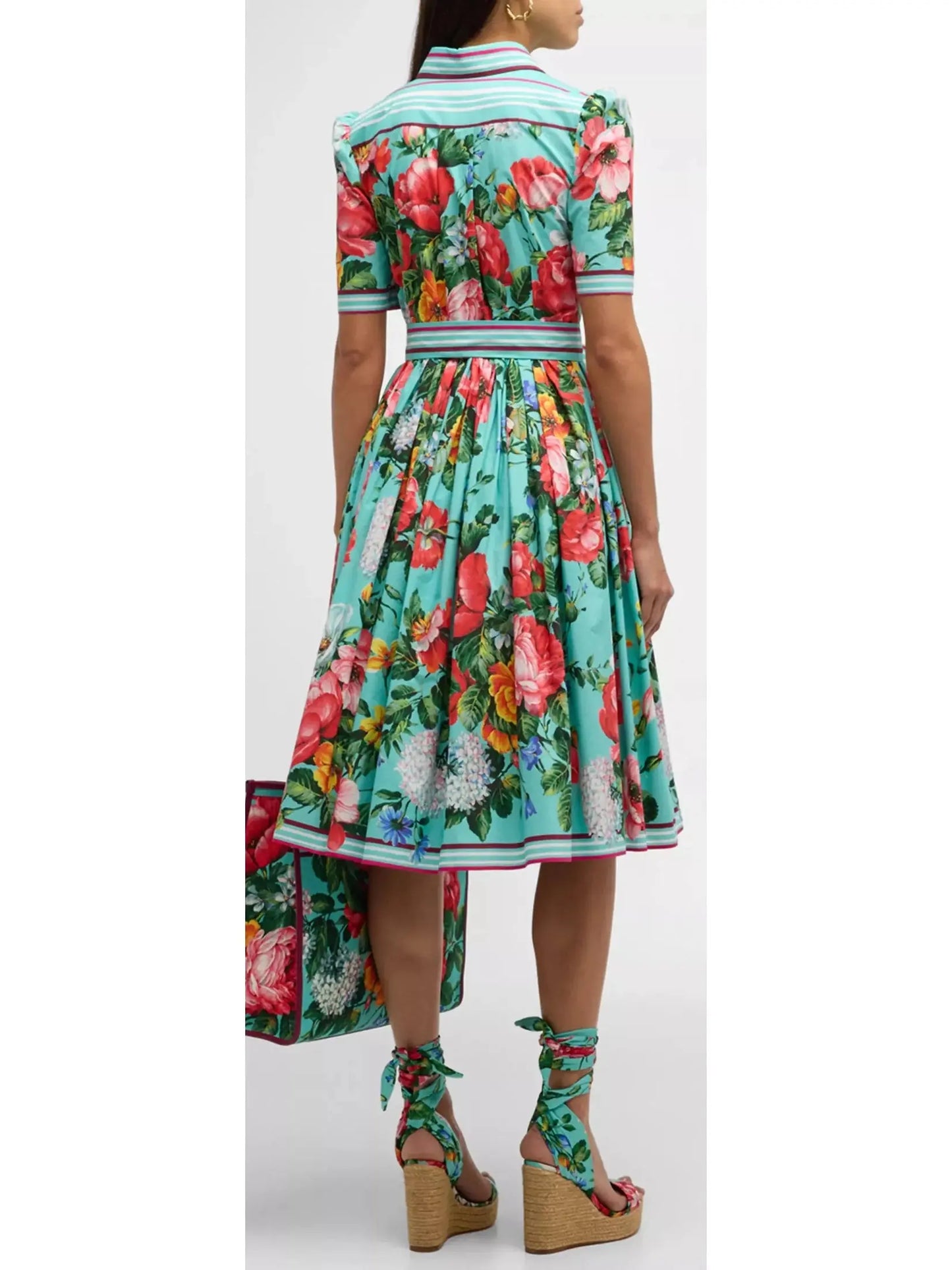 Floral-Print Short-Sleeve Belted Midi Shirt Dress - Branna Couture