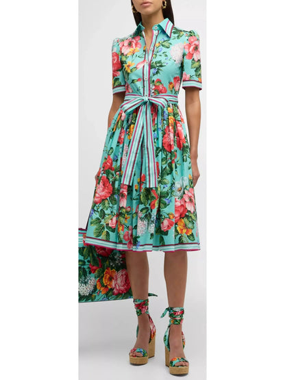 Floral-Print Short-Sleeve Belted Midi Shirt Dress - Branna Couture