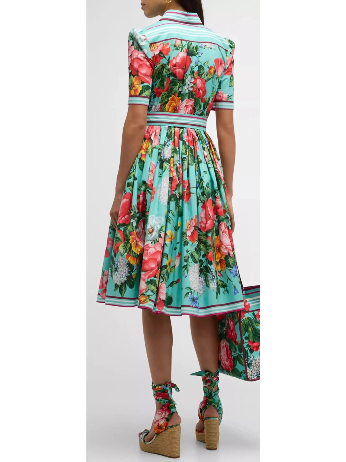 Floral-Print Short-Sleeve Belted Midi Shirt Dress - Branna Couture