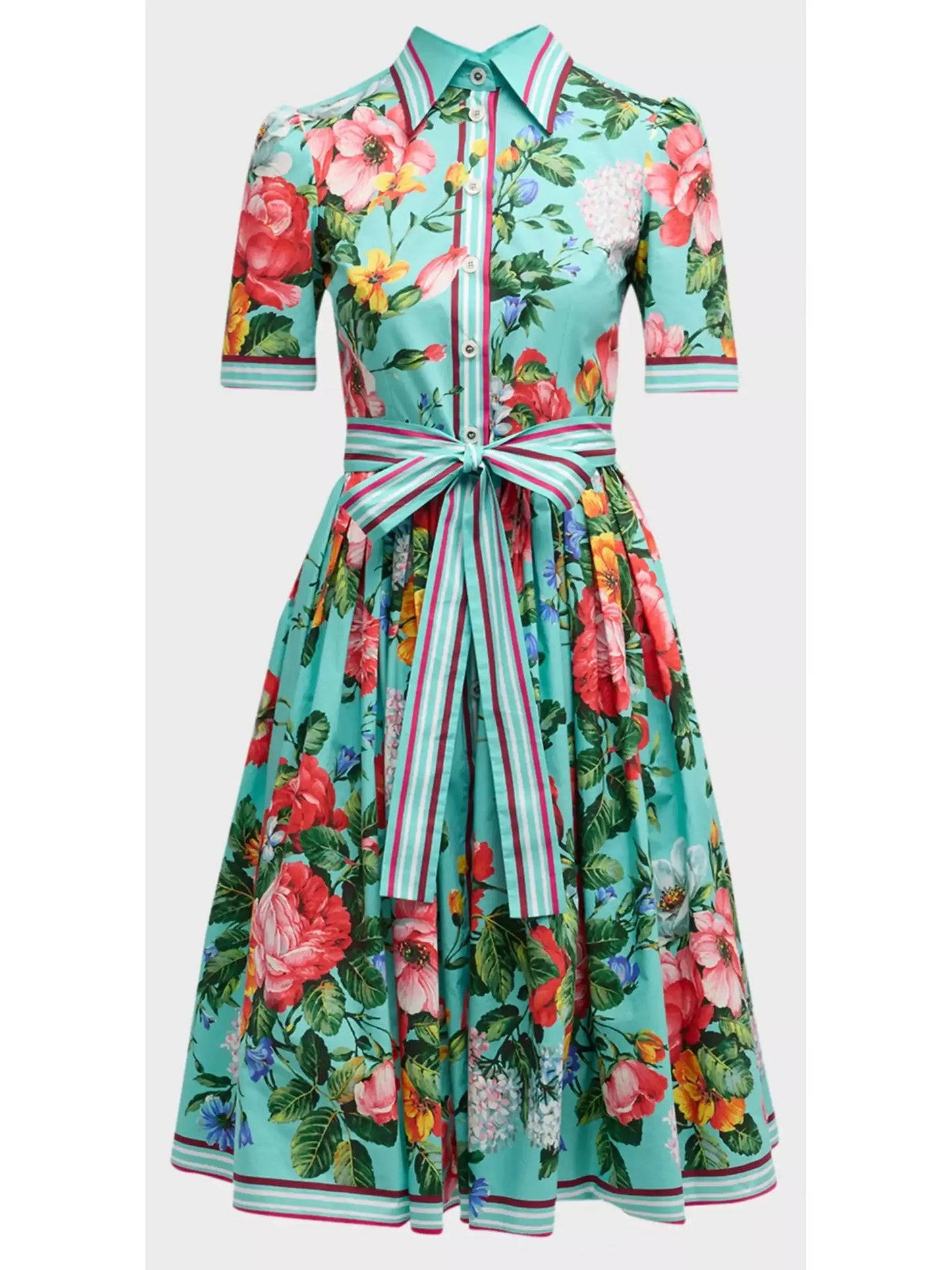 Floral-Print Short-Sleeve Belted Midi Shirt Dress - Branna Couture