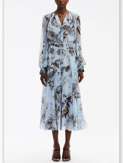 Floral Print Silk Chiffon Midi Dress in Light Blue - Branna Couture