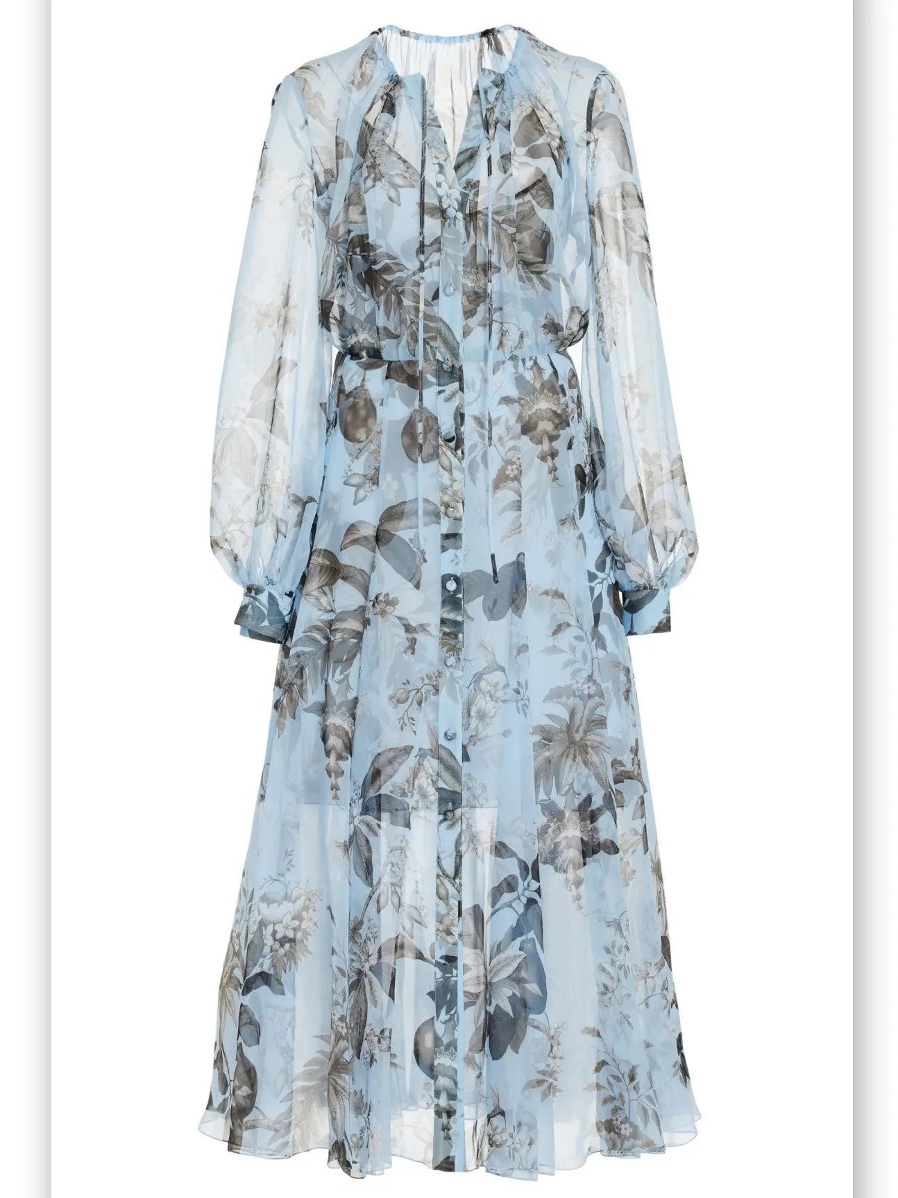 Floral Print Silk Chiffon Midi Dress in Light Blue - Branna Couture