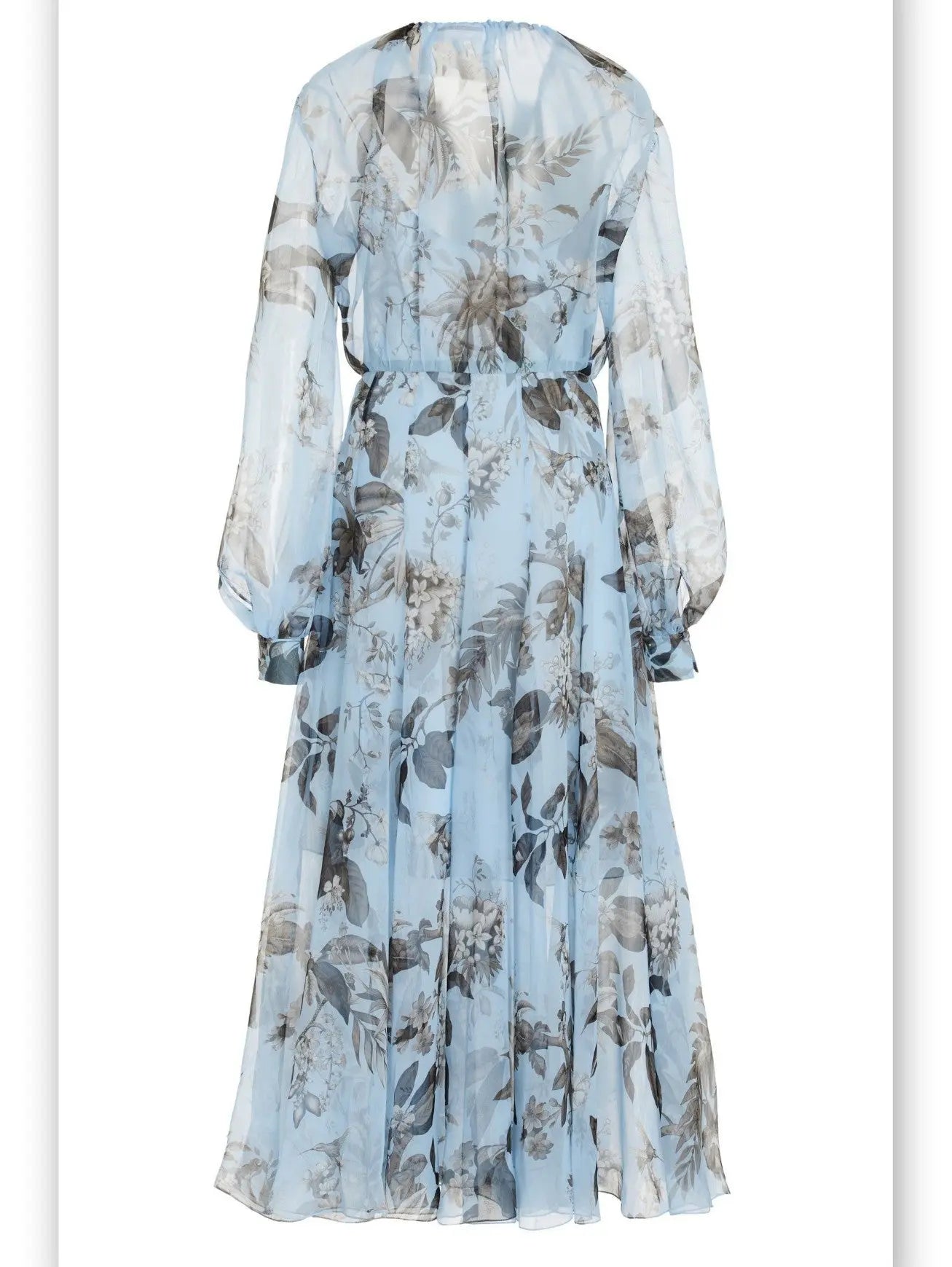 Floral Print Silk Chiffon Midi Dress in Light Blue - Branna Couture