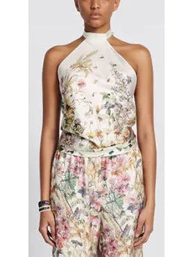 Floral Print Silk White and Multicolor Halter Top - Branna Couture