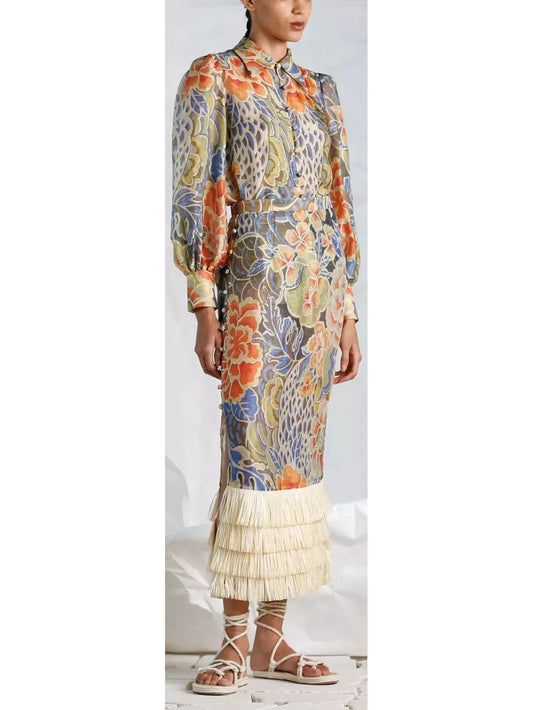 Floral Print Silk and Linen Blouse and Fringed-Hem Skirt Set - Branna Couture