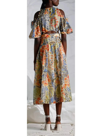 Floral Print Silk and Linen Detachable Midi Dress - Branna Couture