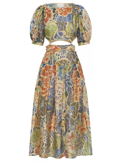 Floral Print Silk and Linen Detachable Midi Dress - Branna Couture