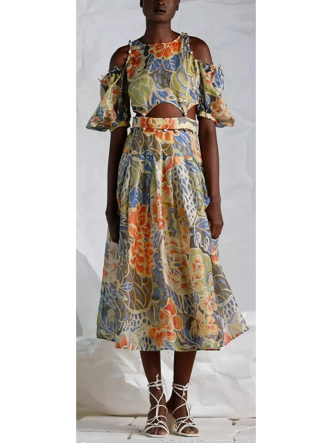 Floral Print Silk and Linen Detachable Midi Dress - Branna Couture