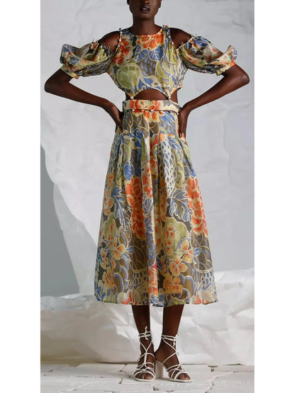 Floral Print Silk and Linen Detachable Midi Dress - Branna Couture