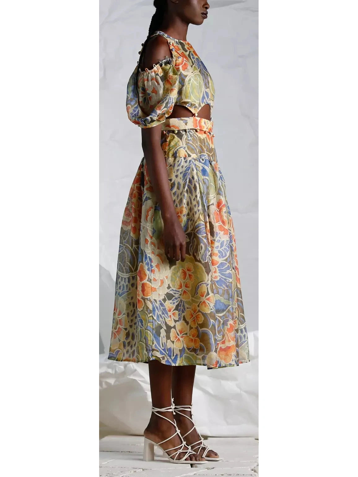 Floral Print Silk and Linen Detachable Midi Dress - Branna Couture