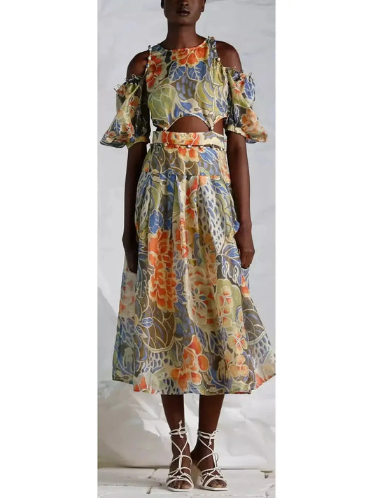 Floral Print Silk and Linen Detachable Midi Dress - Branna Couture