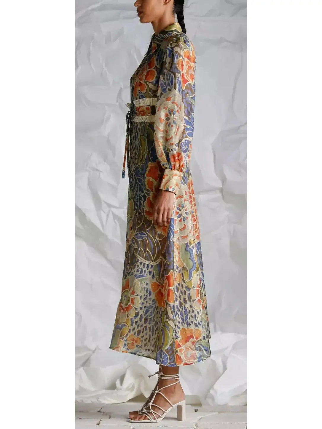 Floral Print Silk and Linen Fringed-Belted Midi Dress - Branna Couture