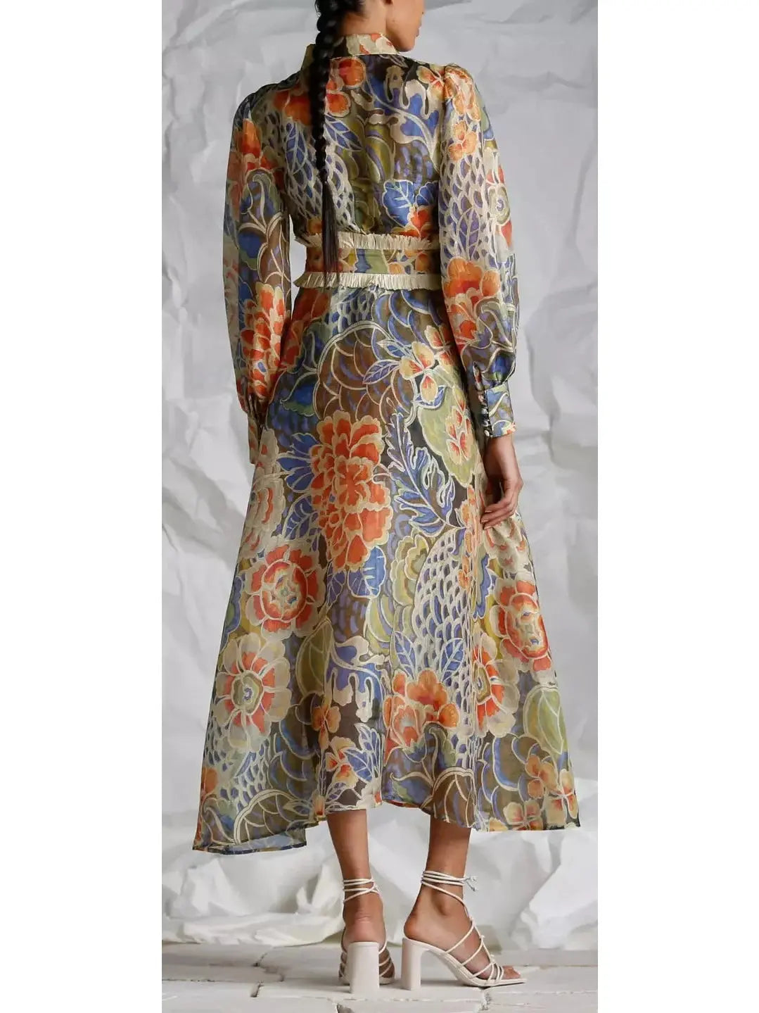 Floral Print Silk and Linen Fringed-Belted Midi Dress - Branna Couture