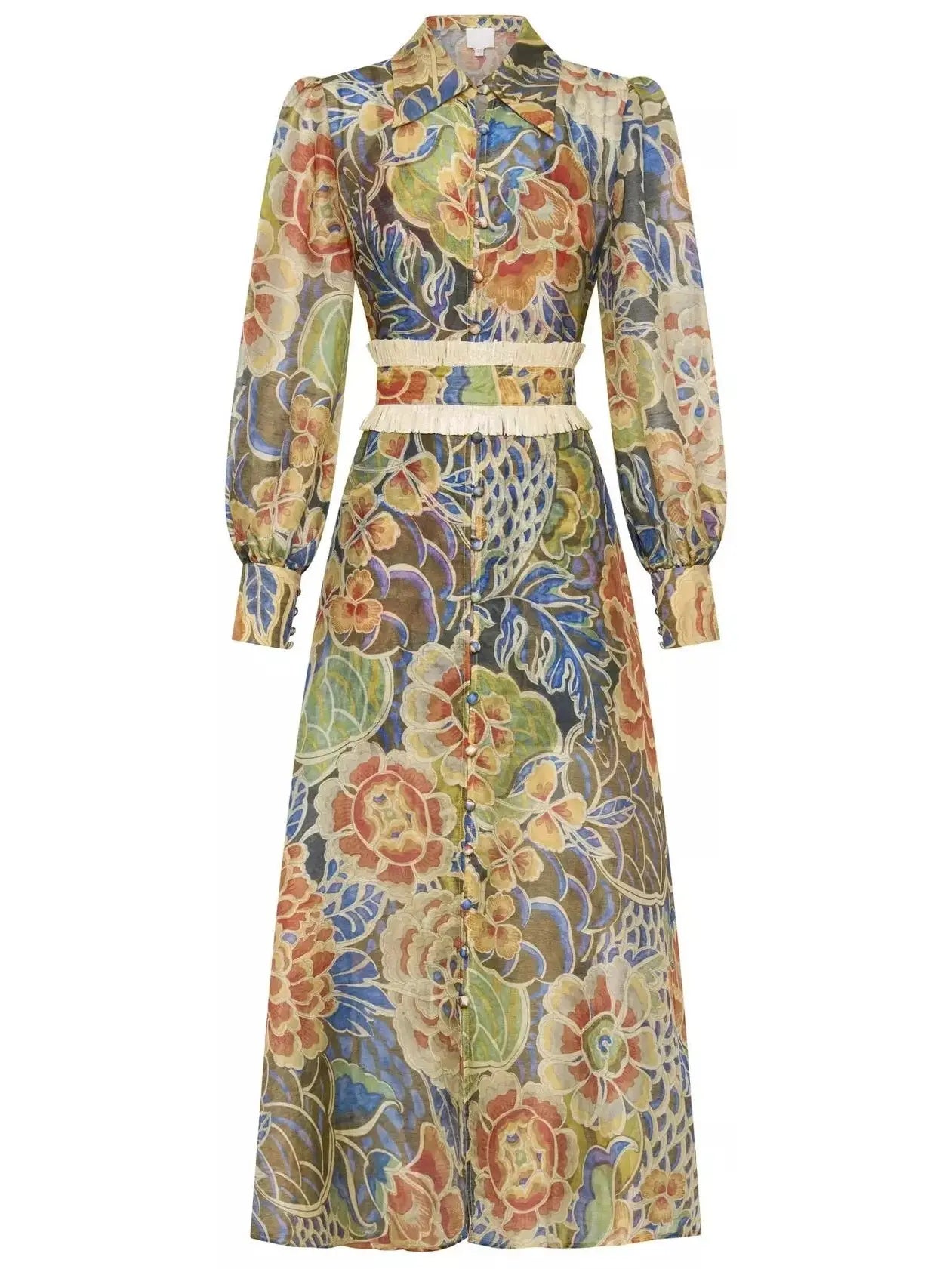 Floral Print Silk and Linen Fringed-Belted Midi Dress - Branna Couture