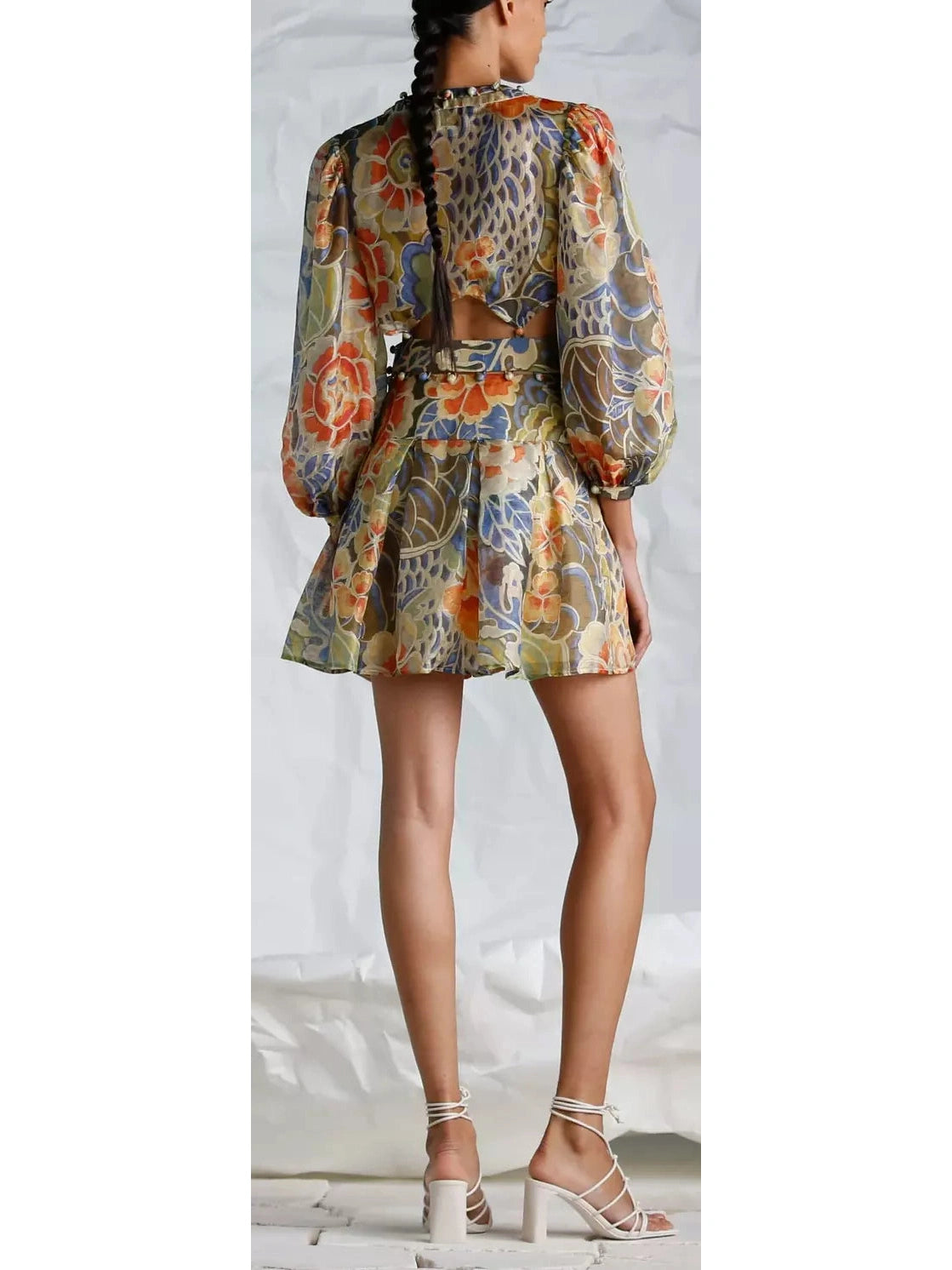 Floral Print Silk and Linen Subtle Cut-Out Mini Dress - Branna Couture