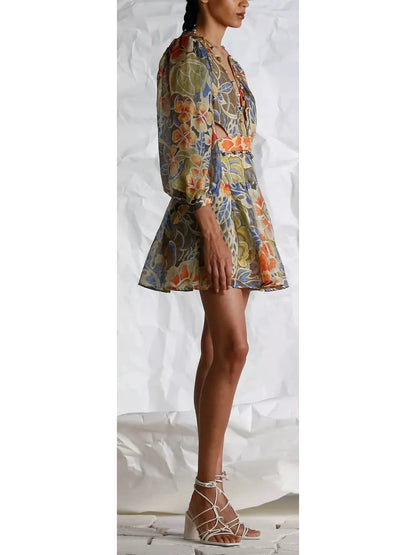 Floral Print Silk and Linen Subtle Cut-Out Mini Dress - Branna Couture