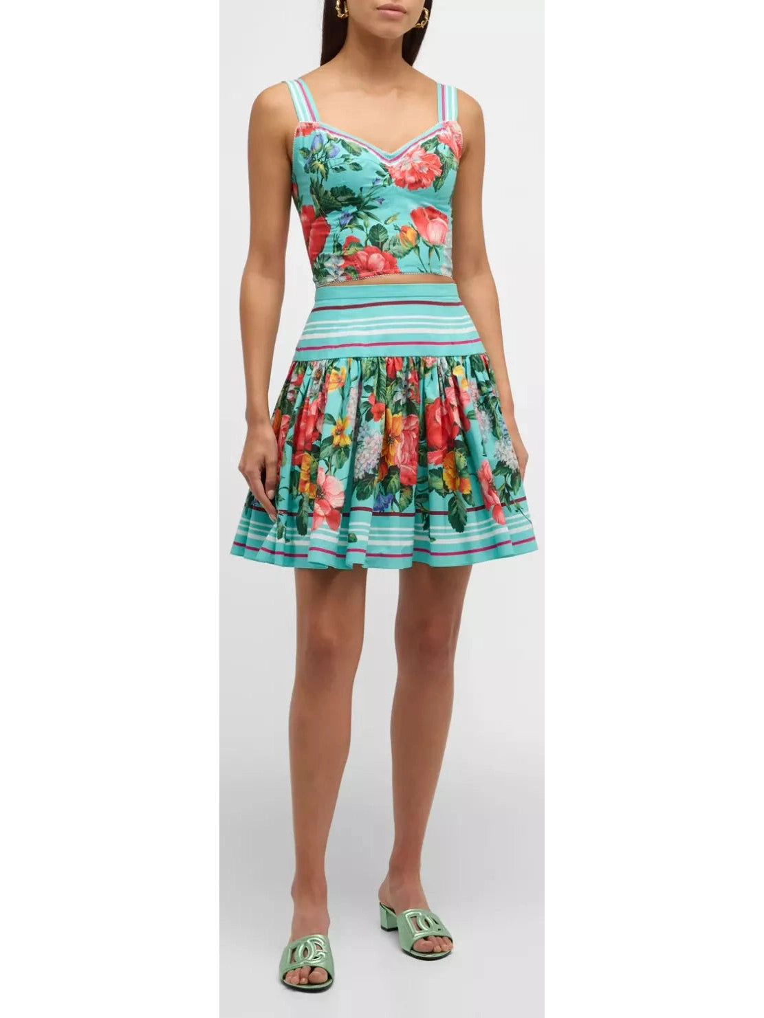 Floral-Print Sleeveless Crop Corset Top and Mini Flared Skirt Set - Branna Couture