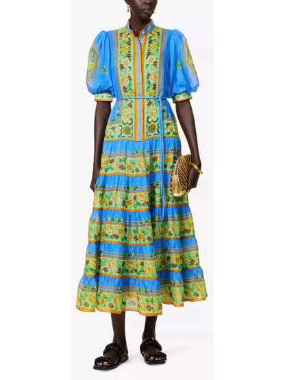 Floral-Print Woven Midi Dress in Blue and Green - Branna Couture