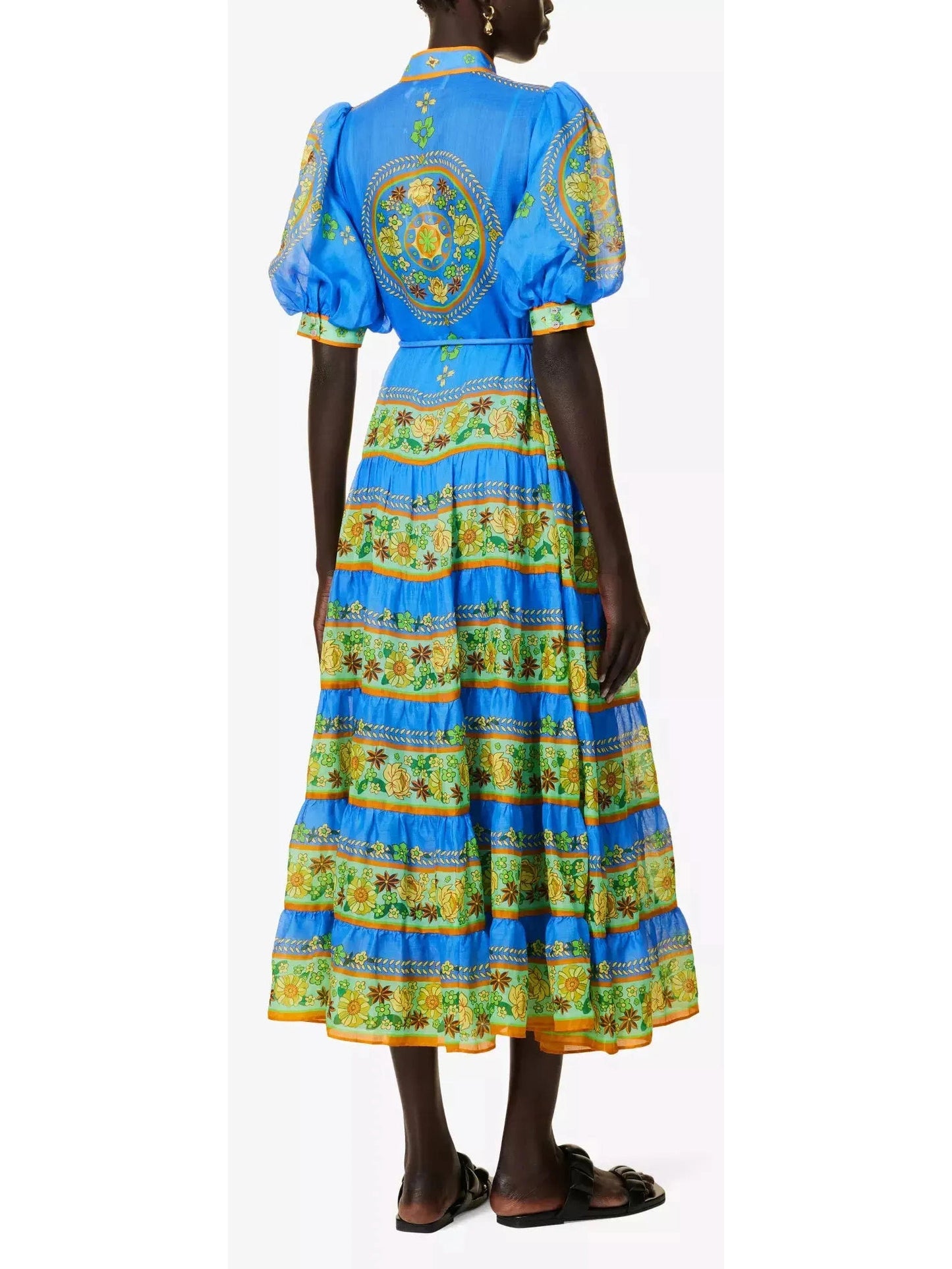 Floral-Print Woven Midi Dress in Blue and Green - Branna Couture