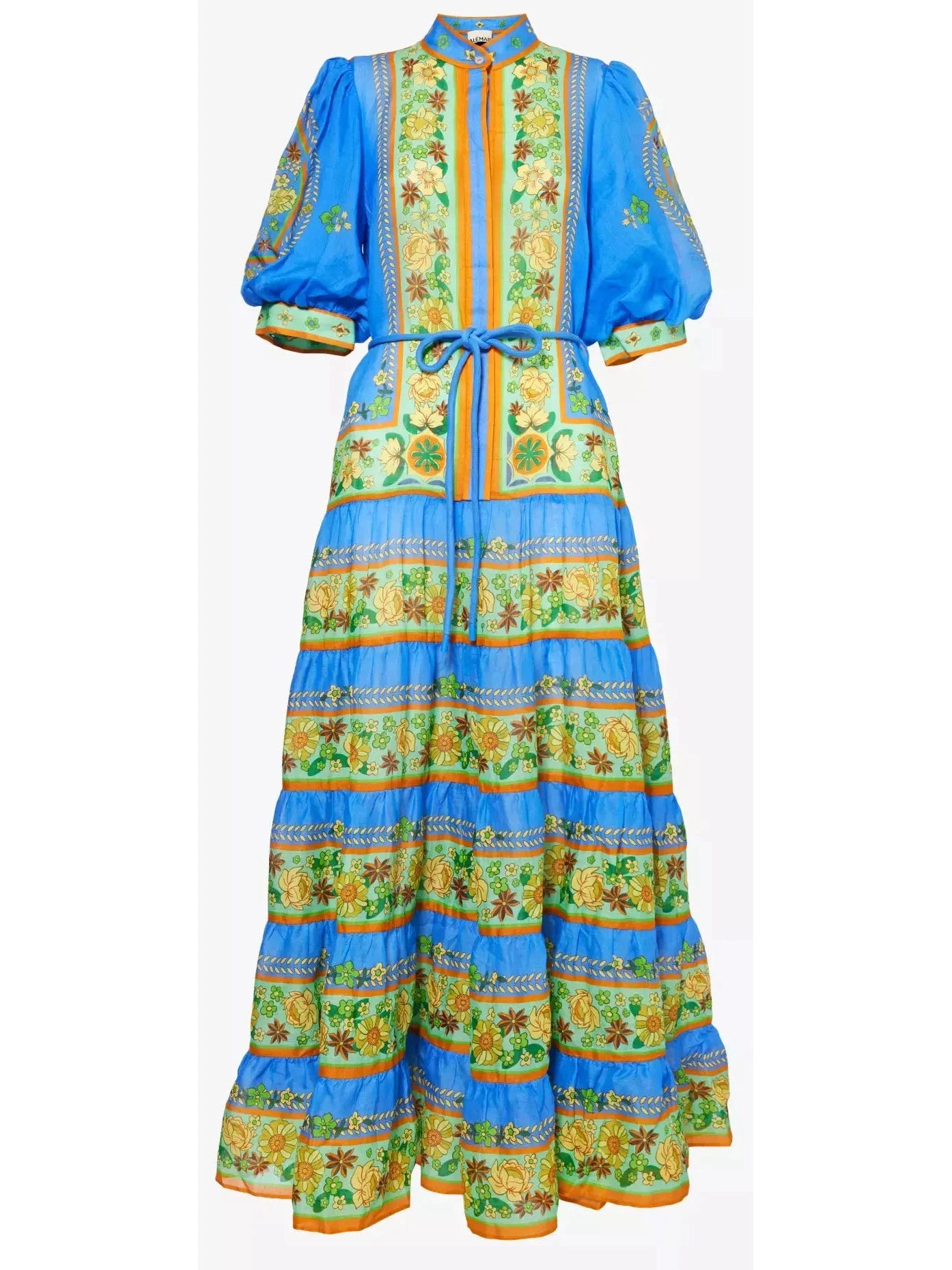 Floral-Print Woven Midi Dress in Blue and Green - Branna Couture