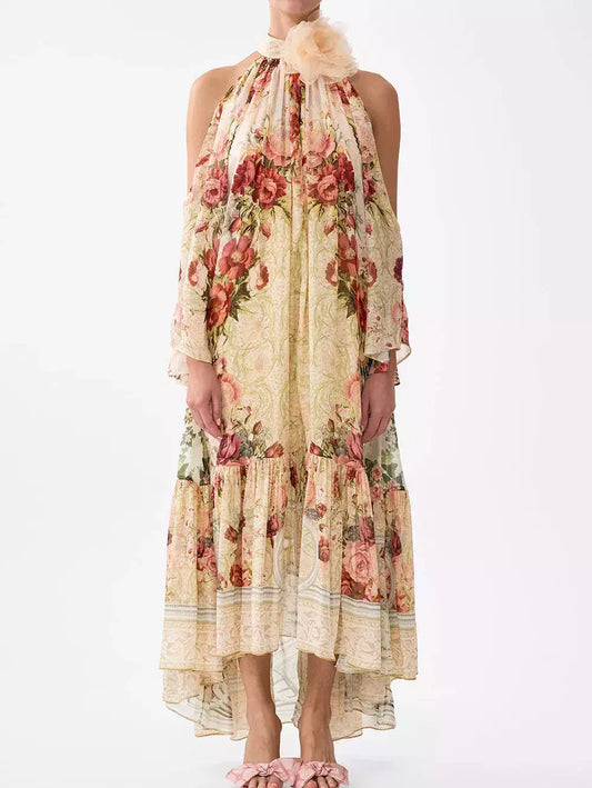 Floral-Print Cold-Shoulder Silk Dress - S - Dresses