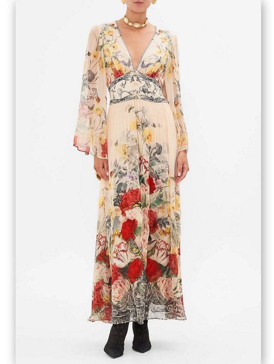 Floral-Print Long Flared Maxi Dress with Plunge V-Neck - Branna Couture