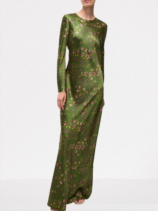 Floral-Print Long Green Silk-Blend Gown - S - Dresses