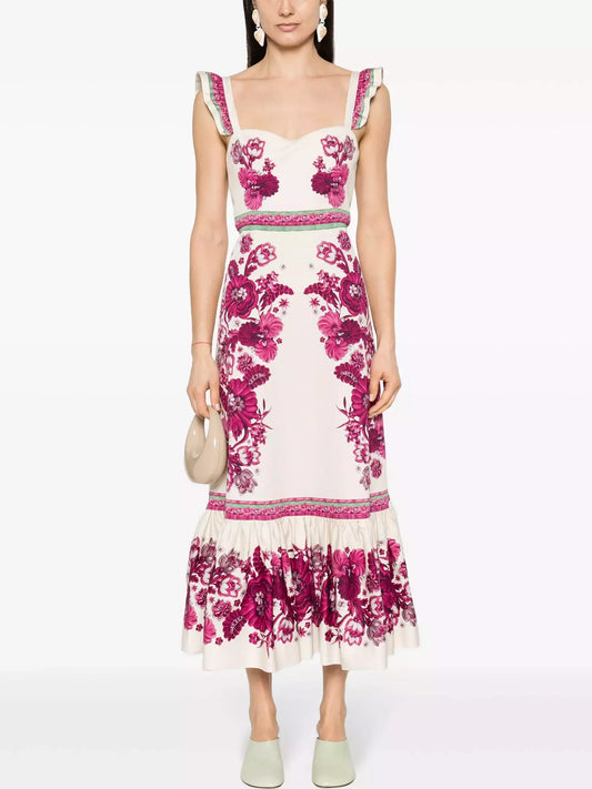 Floral Print Maxi Dress with Ruffled Shoulder Straps Small Dresses