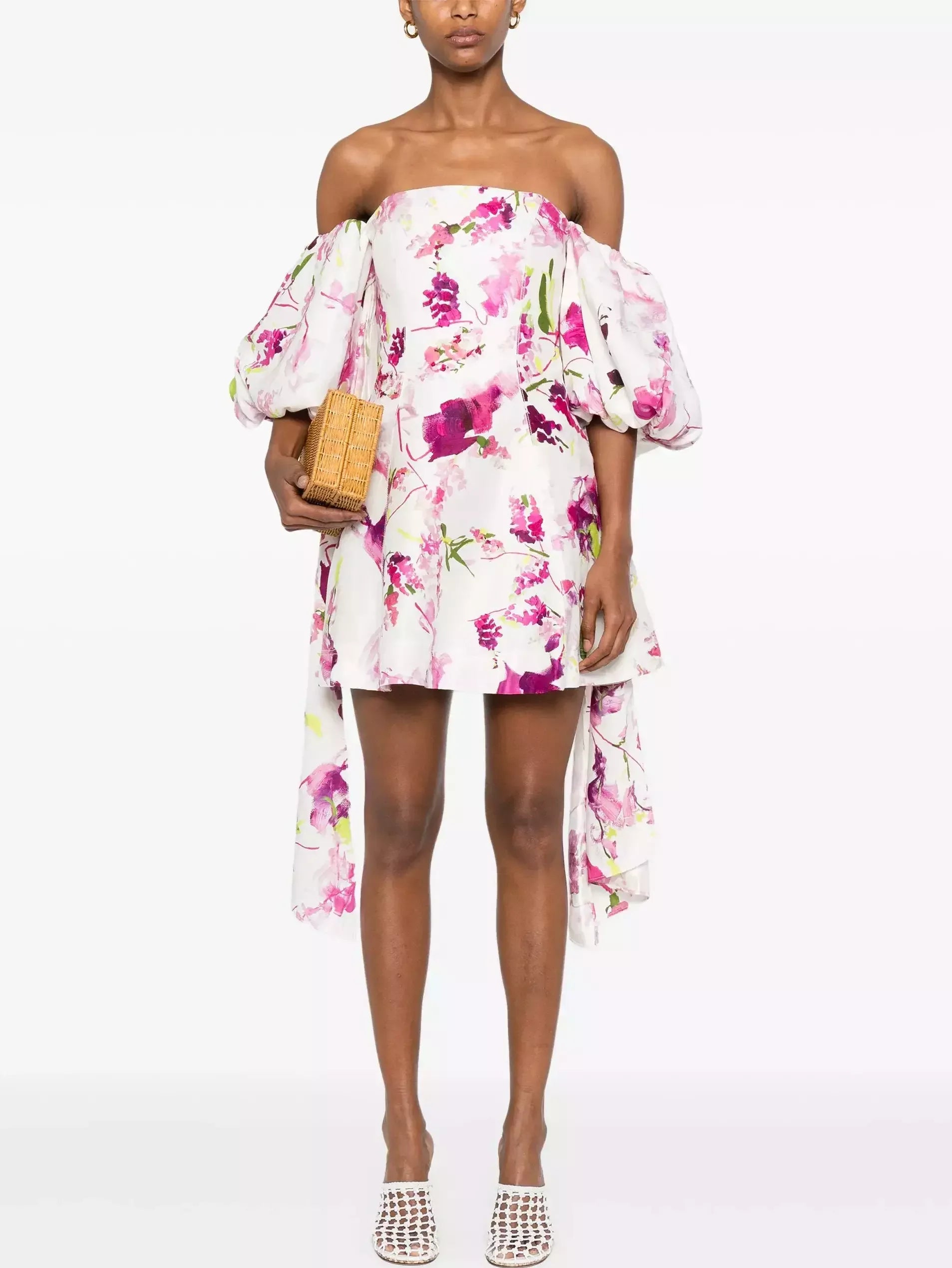 Floral-Print Off-Shoulder Puff-Sleeve Mini Dress - S - Dresses